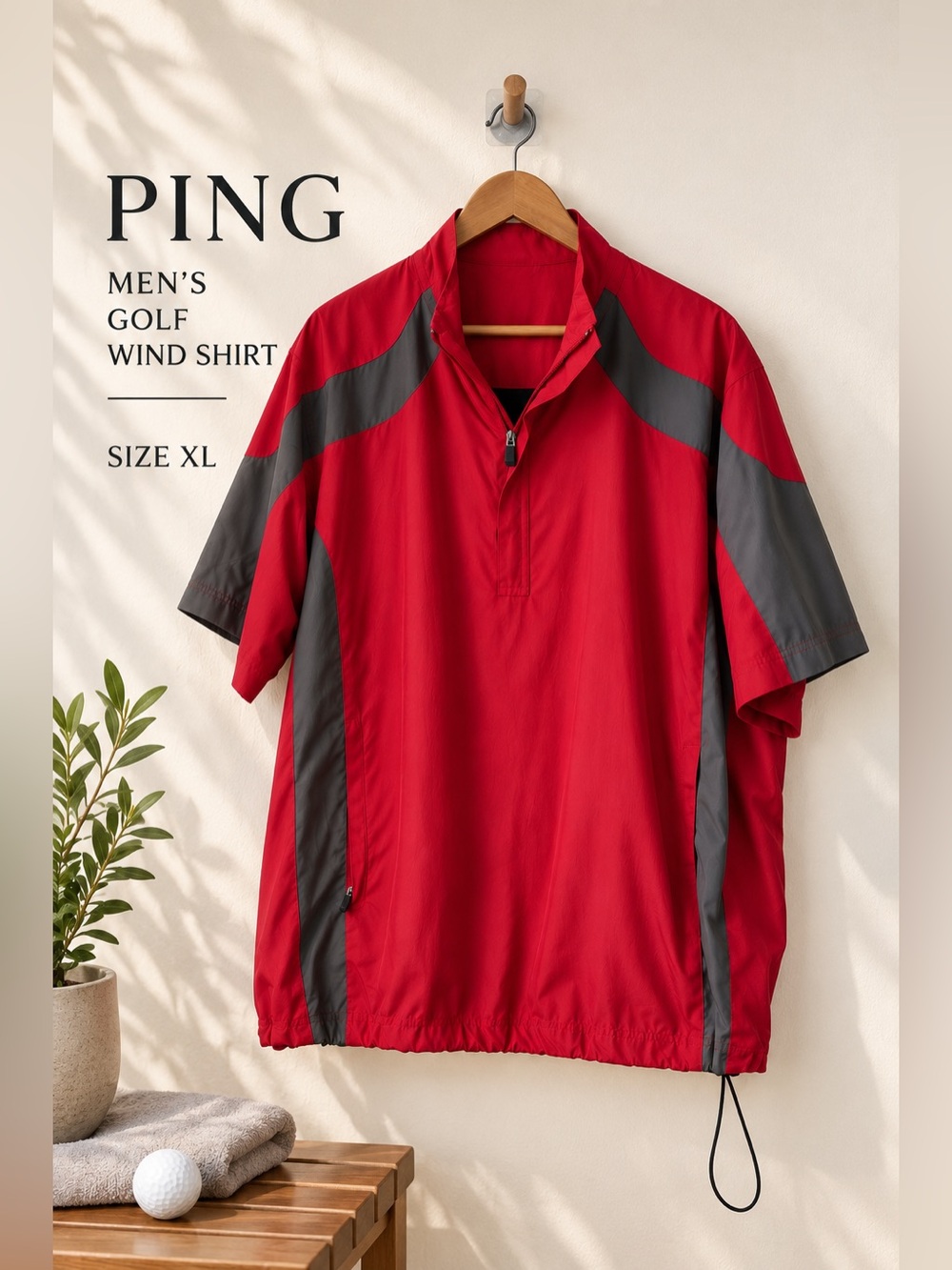 PING Men’s Short Sleeve Golf Wind Shirt Red Gray XL